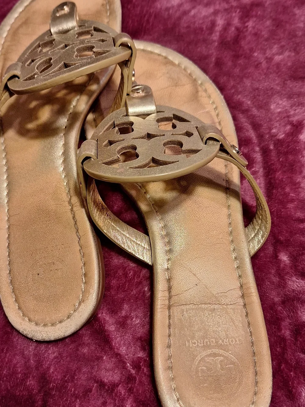 Tory Burch Metallic Gold Leather Logo Thong Sandals